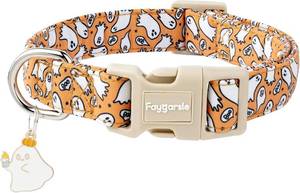lot 6370 image: Faygarsle Halloween Ghost Pattern Dog Collar with Charm, Orange and White,for Small Medium Large Dogs S