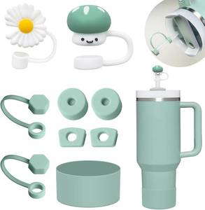 lot 6373 image: Stanley Silicone Accessories Set 6 Pcs Spill-Proof Stopper, 2 Straw Covers, 1 Silicone Boot for 40oz & 30oz Tumbler (Eucalyptus)