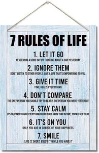 lot 6405 image: Inspirational Wood Art Signs, 7 Rules of Life Wall Art Sign, Hanging Printed Wall Plaque - Farmhouse & Home Decor, Gift for Home, School & Office - 10 x 7.8 inch