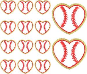 lot 6441 image: 14pcs Baseball Patches, 3 x 2.7 inch Heart Shaped Patches Gold Edges Baseball Embroidered Sew On Applique Iron On for Repairing Sewing Clothes Hats DIY Crafts