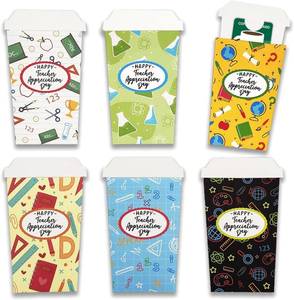 lot 6468 image: Pack 3, Teacher Appreciation Day Greeting Gift Card Holders, 6 Pack Bulk Thick Paper Latte Coffee Cup Gift for Educators