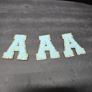 lot 6475 image: 3Pcs Chenille Letter Patches Iron on Patches Glitter Varsity Letter Patches Embroidered Patch Gold Border Sew On Patches for Clothing Hat Shirt Bag (Blue, A)