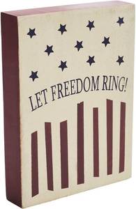 lot 6541 image: VHC Brands Patriotic Let Freedom Ring Wooden Block 8x6x1.25, Independence Day Decor, Stars and Stripes, Printed Tropical Wood Figurine, Rectangle Shape, Americana, Dark Creme