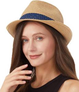 lot 6555 image: Zylioo XXL Oversize Straw Fedora Hats,Big and Tall Short Brim Cuban Hats,Roll Up Summer Trilby Hat,Narrow Brim Beach Hat. Size 55CM21.6IN