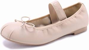 lot 6557 image: Athlefit Ballet Flats Shoes for Women Mary Jane Flats Bow Dressy Comfortable Round Toe Slip On Ballerina Flat Shoes. Nude Size 10