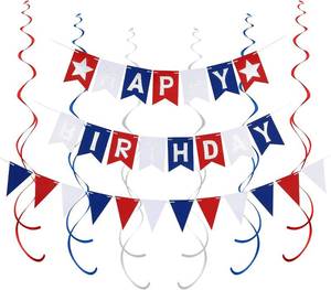 lot 6598 image: Red White and Blue Happy Birthday Banner With Red White Blue Pennant Banner Hanging Swirls Red White and Blue Birthday Decorations, 4th of July Happy Birthday Banner