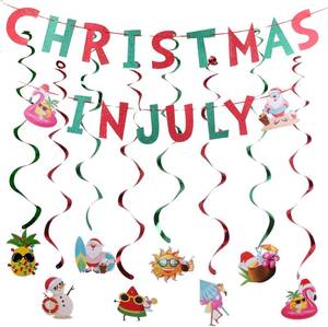 lot 6599 image: MAGQOO Christmas In July Banner with 8PCS Swirl Garland Red Green Glitter Christmas in July Garland Photo Props Tropical Christmas Party Decorations Pre-strung