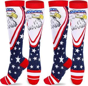 lot 6630 image: 2 Pairs 4th of July Compression Socks for Women Men, Funny Patriotic Eagle American Flag Knee High Socks
