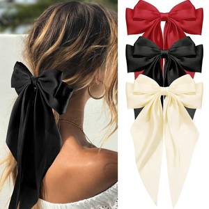 lot 6634 image: Hair Bows for Women Girls Silky Satin Big Bows Hair Barrettes Oversized Hair Accessories Long Tail Hair Ribbons -3Pcs -Wine red & Black & Beige