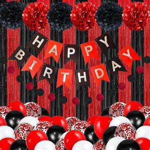 lot 6635 image: Black and Red Happy Birthday Party Decorations with Happy Birthday Banner, Circle Dots Garland, Tissue Paper Pompoms, Fringe Curtain, Red Black Balloons D cor Supplies for Men Women Boys Girls