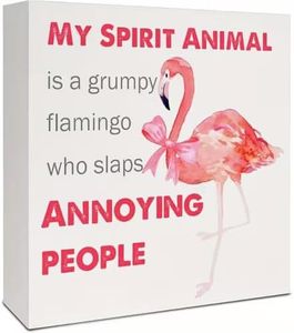 lot 6656 image: Wooden Box Sign, 2D Flat Funny Flamingo My Spirit Animal, Pink Bow, Sassy Quote, Artificial Wood, Flamingo Lover Home Office Desk Decor, 5x5 Inch