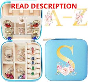 lot 6657 image: Monogram Travel Jewelry Case, Blue Portable Jewelry Box Organizer w Mirror, Vacation Essentials Birthday Gifts for Women TeacherRing Necklace Earring Jewelry Holder Organizer Preppy Stuff (R)