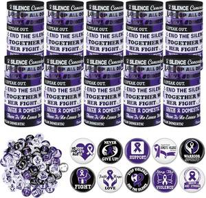 lot 6776 image: Remuuly 200 Pcs Domestic Violence Awareness Accessories Set Include 100 Purple Ribbon Silicone Bracelet 100 Inspirational Pin for Violence Alzheimers Awareness Charity Event Supplies
