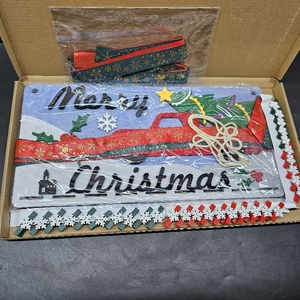 lot 6780 image: Christmas Card Holder Wall Display, Felt Christmas Card Holder Wall Display & Bulletin Boards, Christmas Card Holder Wall Display with Steric Truck Christmas Tree, 30 Wood Clips & 6 Ribbons