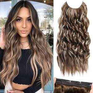 lot 6804 image: Invisible Wire Hair Extensions - 24 Inch Secret Halo with Adjustable 4 Clips Soft Transparent Lace Ash Blonde Mixed Light Blonde Natural Long Wavy Hair Extensions for Women