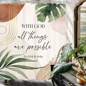 lot 6822 image: Glawry Boho Bible Verse Shower Curtain 60Wx72L Inches Inspirational Scriptures Quotes Abstract Tropical Green Palm Leaf Mid Century Christian Bathroom Bath Accessories Home Decor Fabric 12 Pack Hooks