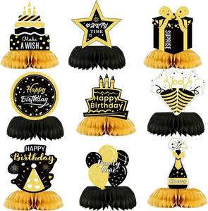 lot 6830 image: 9 Pcs Happy Birthday Centerpiece Table Decorations, Black and Gold Themed Honeycomb Centerpiece Table Toppers for Birthday Party Decorations Supplies (Birthday Black Gold)