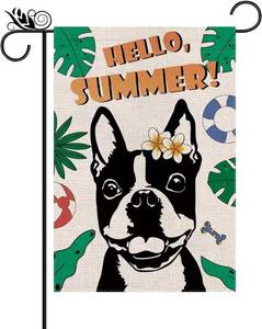 lot 6833 image: Hello Summer Garden Flag Boston Terrier Vertical Double Sided Dog Tropical Flowers Plumeria Seasonal Farmhouse Yard Outdoor Decorations 12.5 x 18 Inch