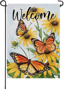 lot 6836 image: Artofy Welcome Spring Summer Butterfly Daisy Flower Small Decorative Garden Flag, Yellow Floral Yard Lawn Outside Decor, Seasonal Burlap Outdoor Home Decoration Double Sided 12 x 18
