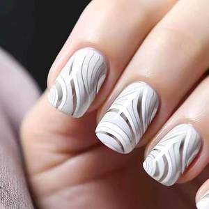 lot 6843 image: Short Press on Nails Square Fake Nails Silver False Nails with Designs Glue on Nails Short Square Nail Press ons Sparkly Artificial Nails Cute Stick on Nails for Women 24Pcs