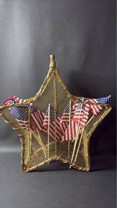 lot 38 image: Woven and Wire Star-Shaped Basket 17 Inches Tall and 6 Inches Wide with American Flags
