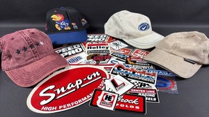 lot 57 image: Racing Memorabilia Collection (New TShirt XL and Snap On Towel) with Hats and Stickers