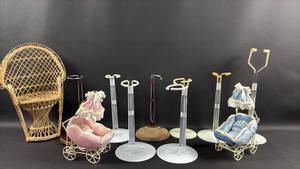 lot 60 image: Doll Stands with Wicker Doll Chair and Vintage Baby Carriages