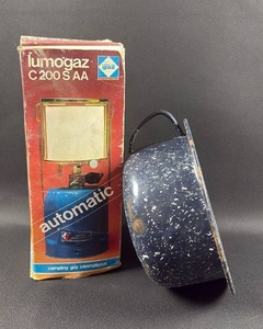 lot 94 image: Vintage Camping Items Lumogaz C 200 S AA Automatic Camping Gas Lantern and Speckle Enamel Cookware