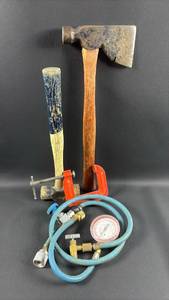 lot 97 image: Mixed Vintage Hand Tools Including Plumb Roofing Hatchet and R-134a Charging and Testing Tool