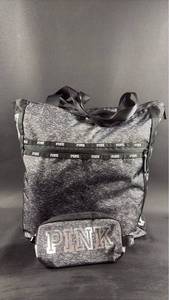 lot 99 image: Victorias Secret PINK Gray and Black Tote with Matching Cosmetic Pouch
