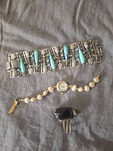 lot 105 image: Unique Bracelet-Turquoise wPurple Swirl Pieces, w Pearls & Purple Gemstones, Black Stone Ring, Lee Sands Water Pearl Watch