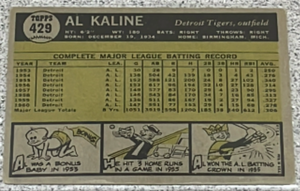 1961 Topps Baseball Card #429 - Al Kaline Detroit Tigers