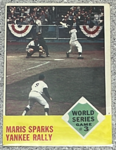 lot 51 image: 1963 Topps Baseball Card #144 - World Series Game 3 Maris Sparks Yankee Rally
