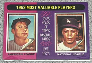 lot 74 image: 1975 Topps Baseball Card #200 - Mickey Mantle Maury Wills Most Valuable Players