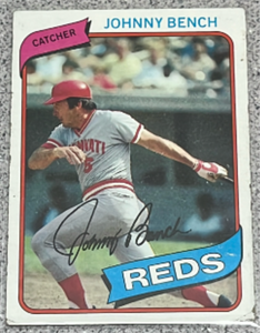 lot 140 image: 1980 Topps Baseball Card #100 - Johnny Bench Cincinnati Reds