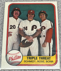 lot 176 image: 1981 Fleer Baseball Card No Number - Philadelphia Phillies Triple Threat Schmidt Rose Bowa