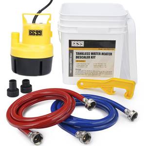 lot 5223 image: 6699 Tankless Water Heater Flushing Kit Includes 14HP Submersible Sump Pump with Two Adapters &amp 3 Gallons Pail with Bucket Lid Opener &amp Two 12 Dia X 6 PVC Hoses with Washers - Retail $85