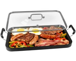 lot 5228 image: Vayepro 2-Burner Griddle Pan with Glass Lid - Nonstick Stovetop Griddle for Gas & Glass Cooktops - Aluminum Camping Grill Pan for Breakfast (PancakesEggsBacon) (22L x 12W x 1.77Th) - Retail $80