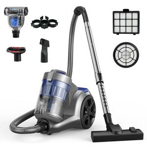 lot 5232 image: 1700W Canister Vacuum Cleaner, 45Kpa Bagless Vacuum Cleaner, Multi-Cyclonic Filtration, 2 Anti-Allergen HEPA Filters, 3.5QT Dust Cup, 4 Tools, Corded Vacuum for Hard Floor, Pet Hair, Sapphire 0415Dele - Retail $180