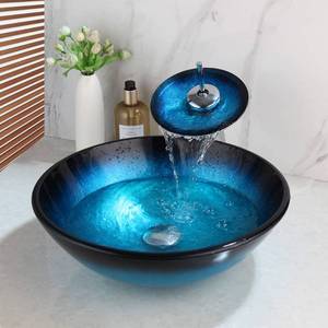 MEKKHALA Bathroom Tempered Glass Vessel Sink Black & Blue Round Wash Basin Bowl Waterfall Mixer Chrome Brass Faucets Pop-up Drain Combo With Cold & Hot Water Hoses - Retail: $132