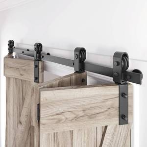 lot 5237 image: Roymelo 58 Bifold Sliding Barn Door Hardware Track Kit,Side Mounted Black J Shape Roller,Smoothly and Quietly,Assembly Easy,Fit Four 13.5 Bi-Folding Doors (Door Not Included) - Retail $100