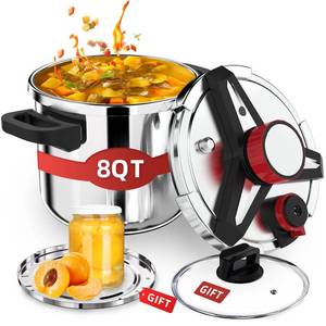 lot 5238 image: 3-In-1 Stainless Steel Pressure Cooker 8 QT Save 70% Time 3 PSI Settings, One-Hand Locking Pressure Canner, Induction Compatible, Glass Lid & Steamer Rack Included, Olla de Presion - Retail $110