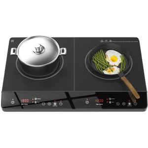 lot 5254 image: Zarbaco Double Induction Cooktop, 1800W Portable Induction Cooktop 2 Burner Independent Touch Control, Ceramic Electric Stove with 9 Temperature and Power Level, Safety Lock, 3 Hour Timer - Black - Retail $110