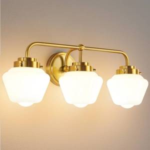lot 5259 image: RUIYEY Bathroom Vanity Light Fixtures 3-Lights Gold Vanity Lights Over Mirror, 17 Inch E26 60W Modern Bathroom Lighting Fixture with Milky White Glass for Bath Restroom - Retail $90