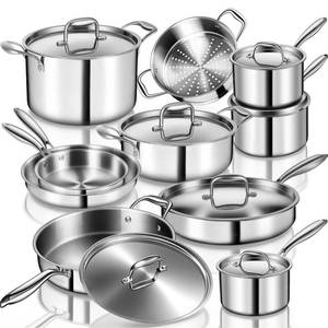 lot 5262 image: EWFEN Stainless Steel Cookware Set, 3 Ply 17 Piece Stainless Steel Pot and Pan Set, Oven Dishwasher Safe  Induction Compatible Frying Pans, Saucepans, Saute Pan & Stock Pot, PFOA, PTFE & PFOS Free - Retail $160