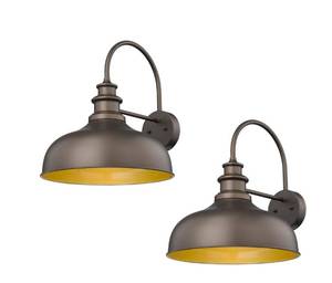 lot 5264 image: Bestshared 16 Inch Vintage Industrial Barn Light Farmhouse Outdoor Wall Sconce - Farmhouse Exterior Wall Mount Lighting Fixture for Garage, Patio, Porch,Front Door(OrbGold, 16-2pack) - Retail $120