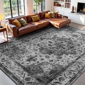 lot 5270 image: YOH Boho Washable Rug 8x10, Black Vintage Non Slip Area Rug, Distressed Indoor Carpet for Living Room Bedroom Kitchen Office - Retail $80