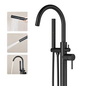lot 5275 image: Ryuwanku Freestanding Bathtub Faucet Matte Black Tub Filler Floor Mount Free Standing Metal Bathroom Tub Gooseneck Spout With 2 Function Hand Shower - Retail $90