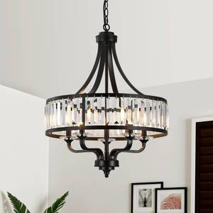 lot 5281 image: ZXFDWB Modern Black Crystal Chandelier,5-Light Farmhouse Dining Room Light Fixture Over Table Adjustable Height Hanging Industrial Pendant Lights Kitchen Island,Living Room Kitchen Island Entryway - Retail $170