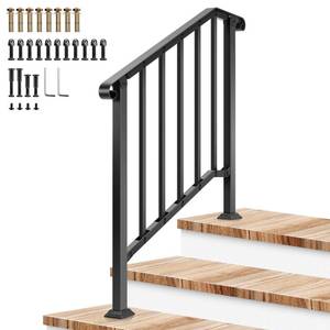 lot 5291 image: VIVOSUN Outdoor Handrail, 3 Step Stair Handrail, 40 x 36 Fits 1 to 3 Steps, Wrought Mattle Iron Stair Railing with Curved Ends and Balusters for Concrete Steps, Porch Steps, One-Step Assembly, Black - Retail $85